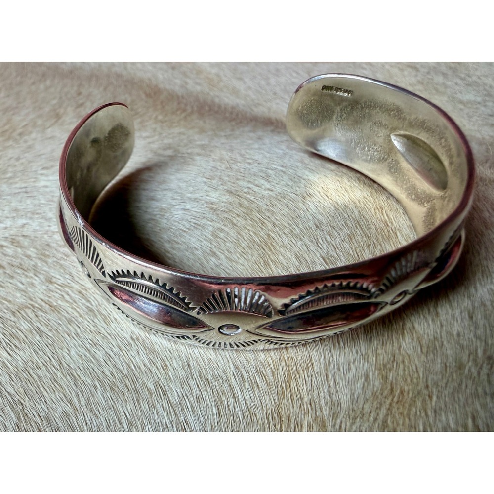Vintage Sterling Silver Southwestern Stamped Repousse Cuff Bracelet